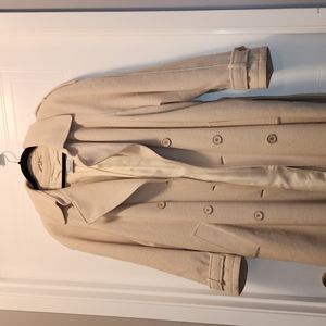 Long Creme Colored Wool Pea Coat, trench Coat with Waist Tie